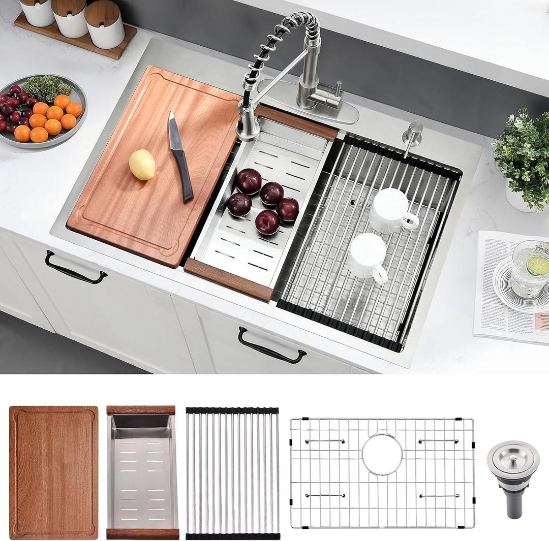 BWXIAOC 33 x 22 Drop In Kitchen Sink Workstation - 16 Gauge Stainless Steel Sinks Handmade 10 Inch Deep Single Bowl Kitchen Sink Top Mount Easy to Clean