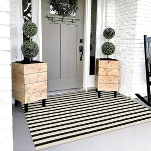 OJIA Outdoor Rug 3'x5', Fall Front Door Mat Outdoor Entrance Machine Washable Rugs Cotton Hand Woven Striped Entryway Rugs Indoor Door Mat Black and Cream White Area Rug for Porch/Backyard