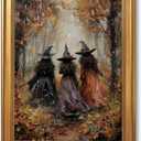 Framed Vintage Witch Poster Halloween Wall Art Retro Creepy Witchy Oil Painting Canvas Print Three Witches Forest Victorian Gothic Dark Moody Decor for Bedroom Gallery Rustic Wall 8x12inch