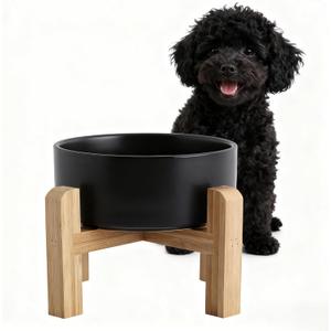 Elevated/Raised Ceramic Dog Bowl with Bamboo Stand6 Inch 3.6 Cups Non Slip Heavy Weighted Single Pet Dish, for Small Medium Breed & Cats,Reduces Neck Strain Black