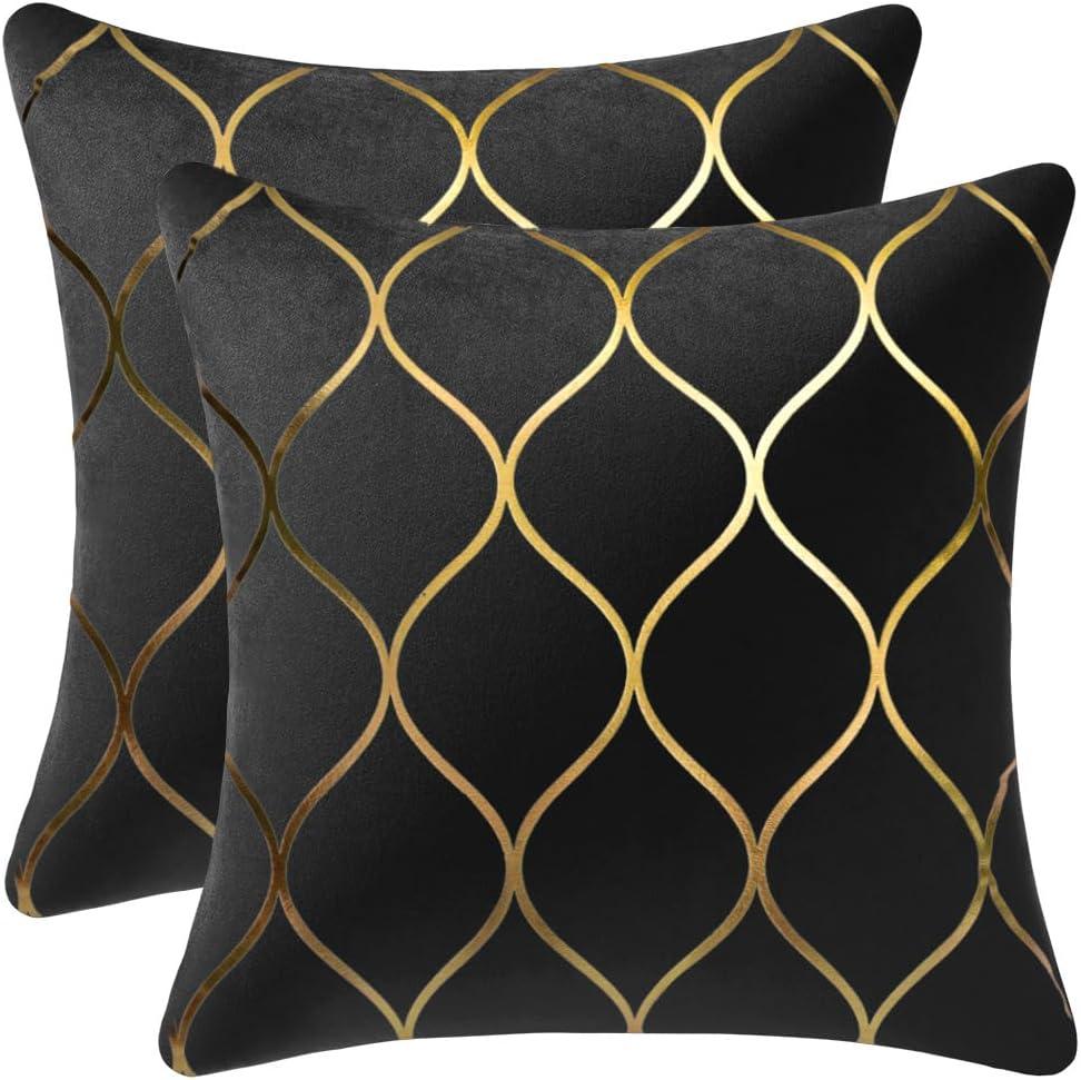 18x18 Inch Gold Velvet Throw Pillow Covers: 2 Pack Square Decorative Pillow Cases for Bedroom Sofa Couch Living Room, Black