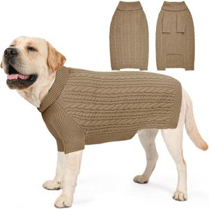 Dog Sweater for Big Dogs Boys Girls Turtleneck Pullover Cable Knit Winter Stretch Clothes Labrador Bulldog Pitbull Doberman with Long Sleeves (XL, Brown)