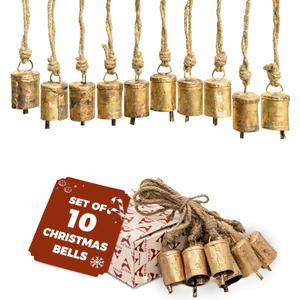 Gold Christmas Ornaments Set  Vintage Decor for Tree  Gold Bells  Christmas Tree Ornaments for Holiday Season  Rustic Bells Hanging Ornaments  Set of 10 Pieces (10 pcs Round Shape 2 inches)