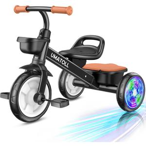 Umatoll Tricycle for Toddlers 2-5 Year Old, Ajustable Toddler Bike Outdoor Toys, Birthday Gift for Boy Age 2-4, Trike with Light up Wheels (Black)
