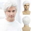 Men's Wigs White Short Wigs Natural Looking Heat Resistant Synthetic Hair with Adjustable Cap Black 180g