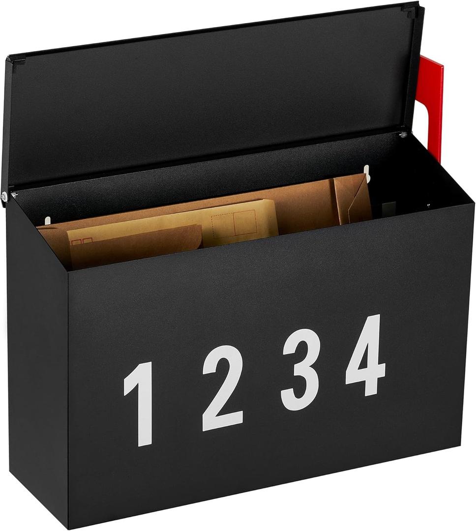 LANDVOI Wall-Mount Mailbox with One Flag Kit and Three Sets of 0-9 Mailbox Number Stickers, Mailboxes for Outside, Galvanized Steel Rust-Proof Metal Post Box, 4.33" Dx14.2 Wx10.43 H, Black, AMB03B