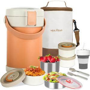 67oz Adults Thermo for Hot Food Kit 2L 9.06in 3 Layer Stainless Steel Vacuum Soup Food Thermo Hot Food Jar Bento Box for Men, Women, Suitable insulated Lunch Box for 12+ Camping, Office & Travel Use (orange)