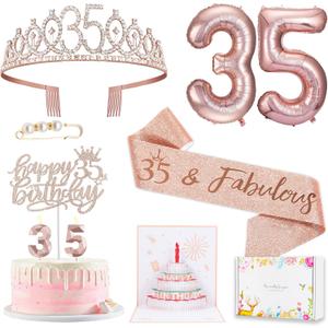 35th Birthday Decorations Gifts for Women, Including 35 year old Birthday Cake Topper, Birthday Queen Sash with Pearl Pin, Sweet Rhinestone Tiara Crown, Number Candles and Balloons Set, Rose Gold