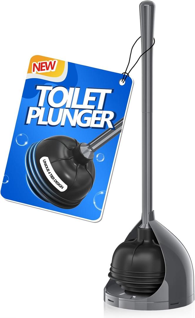 uptronic Toilet Plunger with Holder, Unique Plunger with All-Angle Design, Plungers for Bathroom with Holder, Heavy Duty Toilet Plunger for 5.7-inch Toilet Drain Bathroom Cleaning (Grey)