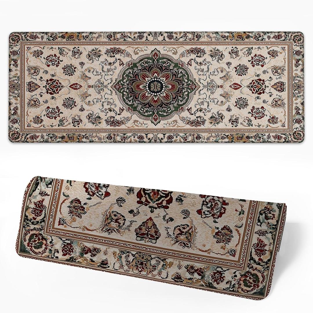 Desk Pad Brown Boho Floral Desk Mat for Keyboard and Mouse, Large Mousepad with Stitched Edges for Work Game Office, 31.5 x 11.8 in