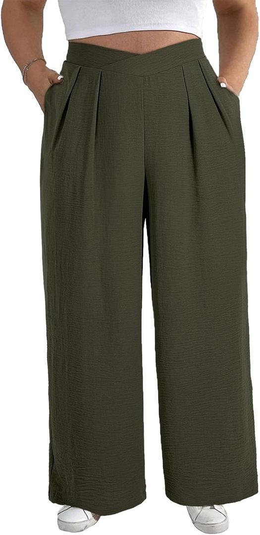 Eytino Womens Plus Size Wide Leg Pants Crossover Waist Pleated Front Casual Work Pants Lounge Trouser with Pockets(5X) (Green)