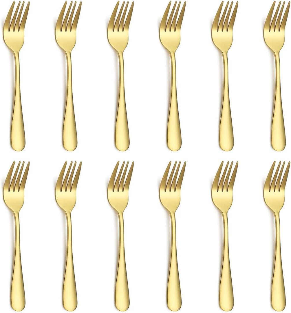 Evanda Gold Dessert Forks Set of 12 Pack 5.62", Golden Titanium Plating Pastry Fork, Appetizer Fork for Fruit, Cake, Cheese, Party Trips, Cafes, Restaurants, Easy To Clean, Dishwasher Safe
