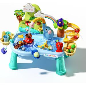 2027 Upgraded 10-in-1 Sand Water Table for Toddlers 1-3, Kids Sensory Table with Electric Water Pump & Elephant Faucet, Play Kitchen Sink with Food Accessories, Fishing Toy
