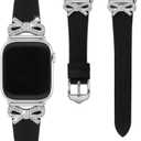 Crystal Bowknot Geniune Leather Watch Band for Women Compatible for Apple Watch 38/40/41/42/44/45/46/49mm, Slim Leather Strap (Black & Silver)