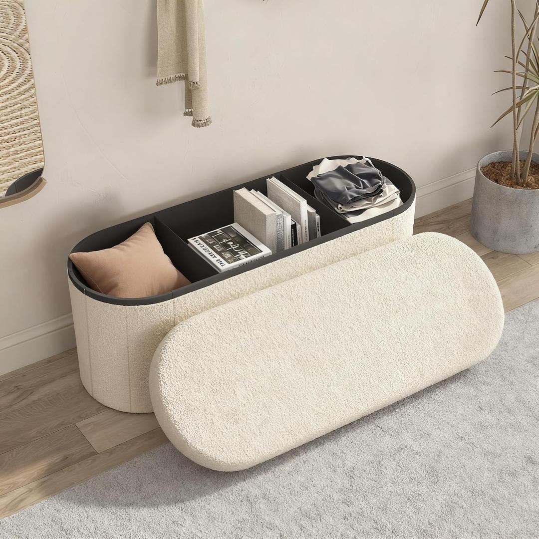 Oval Ottoman with Storage for Living Room, Sherpa Bench, Beige, 43"D x 15"W x 15"H
