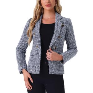 Allegra K Women's Elegant Plaid Jacket Long Sleeve Open Front Tweed Blazer X-Large Blue Black