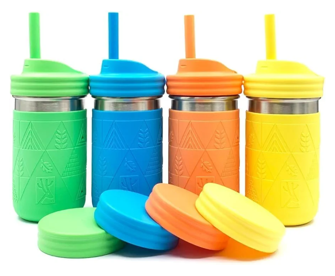 Elk and Friends 14oz Stainless Steel Kids + Toddler Drinking Cups | The Original Mason Jar with Sleeves + Lids | Silicone Straws | Smoothies | Storage Jar | Spill Resistant | Dishwasher Safe | 4 Pack