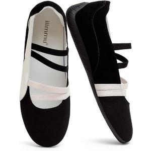 iiimmu Women's Ballet Flats with Elastic Cross Straps Comfortable Slip On Flats Lightweight Casual Walking Shoes for Work Travel Faux Suede (7.5, Black White)
