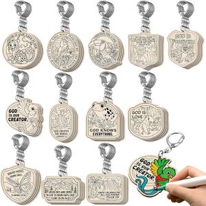 48 Pcs Rainforest Falls VBS Craft Color Your Own Keychains DIY Craft Wooden Blank Keychains for Sunday School Classroom Home Active Party Favors Gifts, 12 Styles