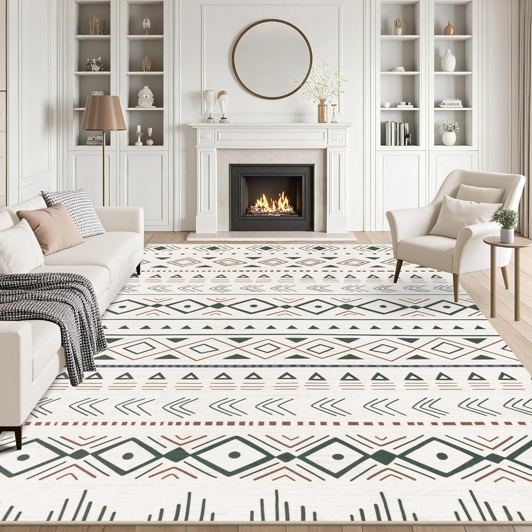 8x10 Area Rugs Living Room Rug: Washable Rug Neutral Large Soft Thin Carpet Indoor Floor Non Slip Boho Geometric Moroccan Carpets for Bedroom Dining Room Farmhouse Nursery Office - Brown Green