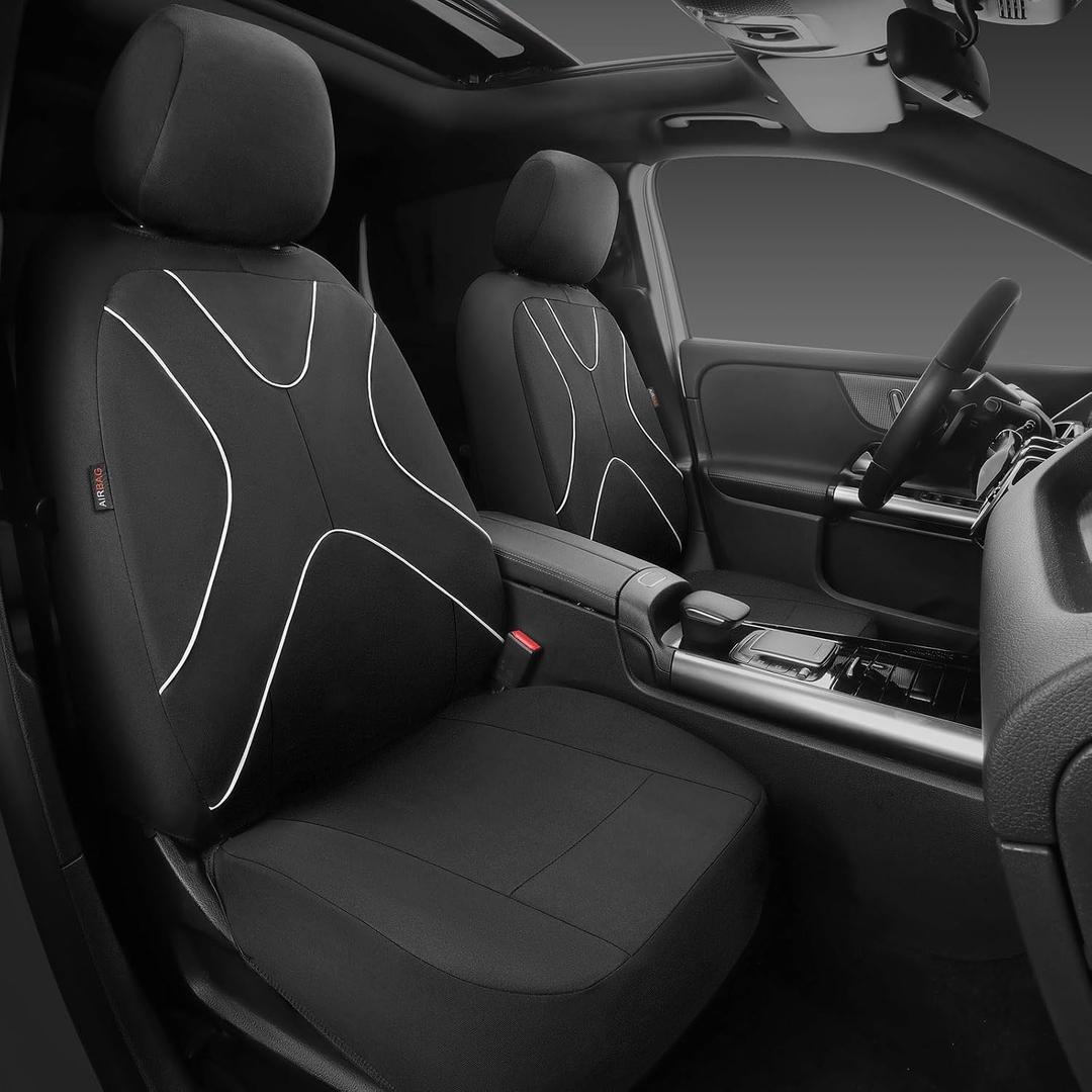 Cloth Front Seat Covers, Breathable Automotive Seat Covers Airbag Compatible Universal Fit for 95% Sedans Vans Trucks SUVs, Black and White