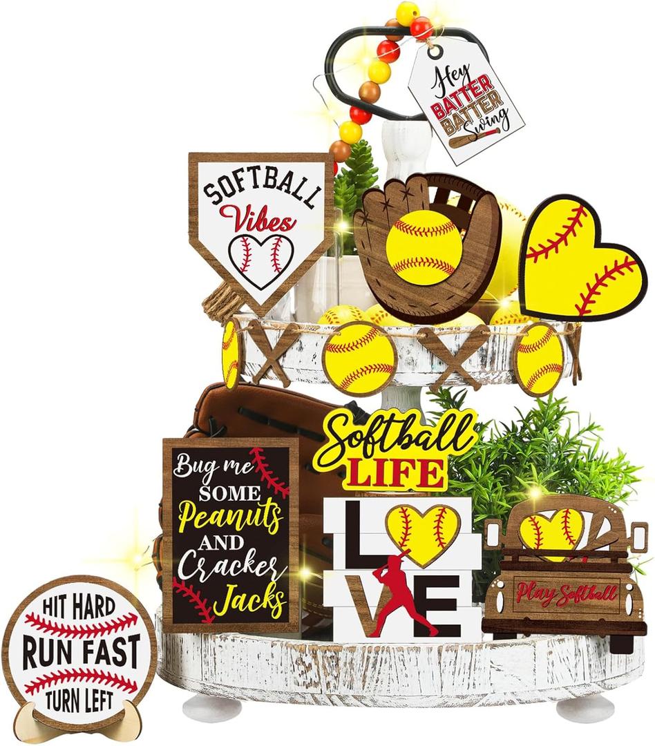 FairySandy 13 Pcs Softball Tiered Tray Decor Birthday Decorations Softball Wooden Table Decor Rustic Sport Game Sign for Fans Theme Supplies