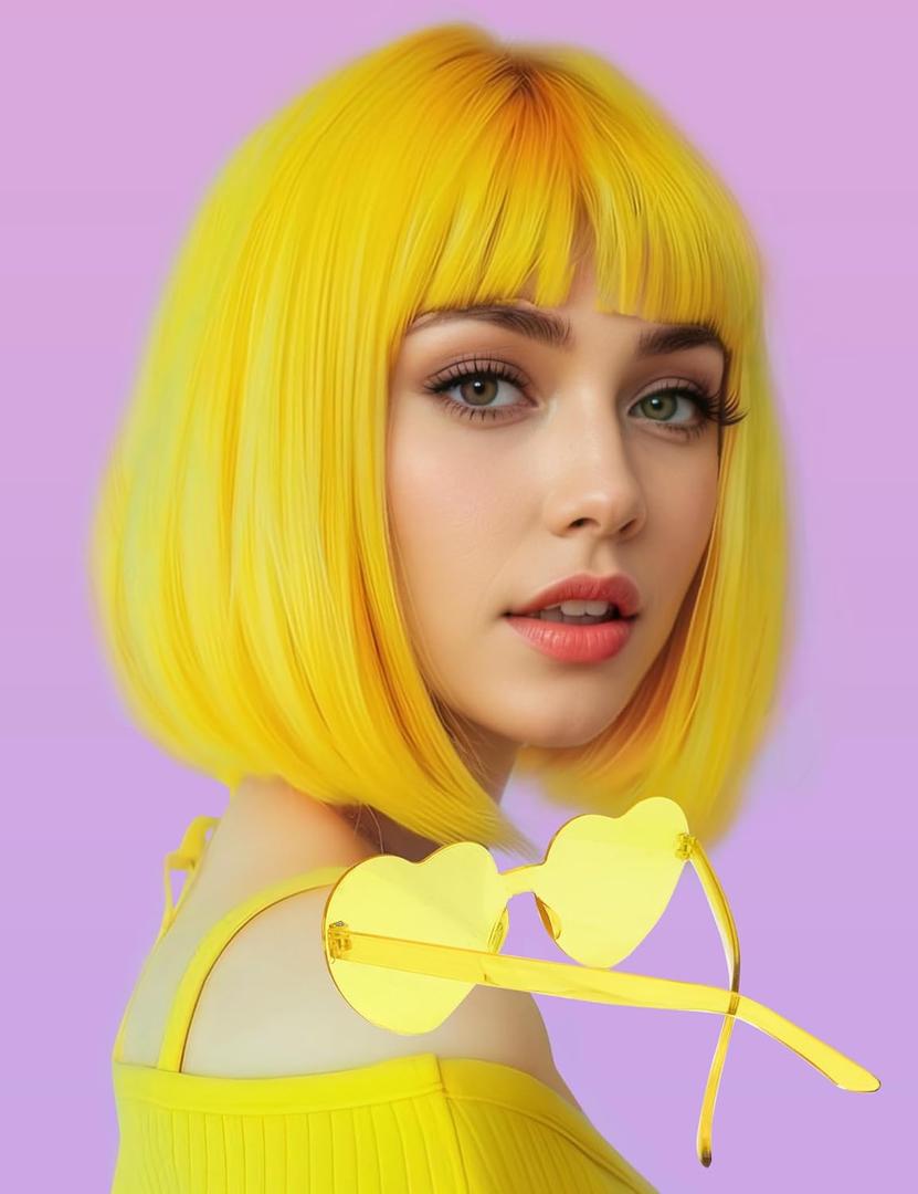 Wig and Sunglasses 12 Inch Short Bob Wigs with Bangs for Women Costume Cosplay Party (Yellow)