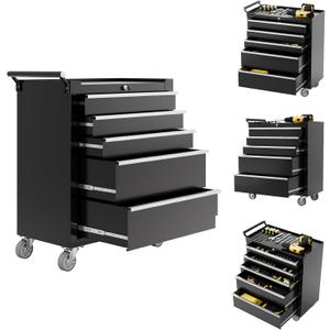 IDEALHOUSE Rolling Tool Chest, 5 Drawers Tool Storage Cabinet, Toolbox with Wheels, Portable Tool Cabinet Organizer with Locking System & Drawer Liners, Tool Storage Cart for Garage, Workshop, Black