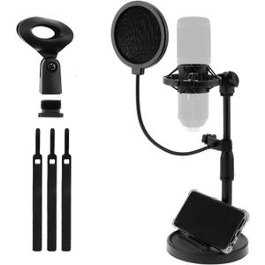 RTNLIT Desktop Mic Stand with Phone Holder, Adjustable Desk Microphone Stand with Pop Filter, Shock Mount, Mic Clip, 3/8" to 5/8" Screw Adapter for Blue Yeti Snowball Shure SM7B and Other Mics