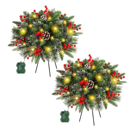2 Pack Pre-Lit Christmas Tree Urn Filler, Lighted Artificial Xmas Pine Trees with Tripod Stake, Battery Powered Outdoor Light up Planter Filler Festival Holiday Decor for Porch, Driveway, Yard