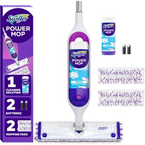 Swiffer PowerMop Multi-Surface Mop Kit for Floor Cleaning, Includes PowerMop, 2 Mopping Pad Refills, 1 Cleaning Solution with Fresh Scent and 2 Batteries (Purple and White)