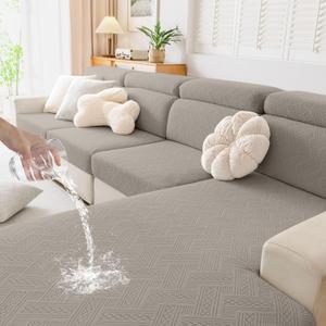 hyha Waterproof Couch Cushion Covers, Waterproof Sectional Couch Covers for 3 Cushion Sofa for Pets, Stretch Sofa Slipcover Washable with Elastic Bottom(3 Packs, Taupe)