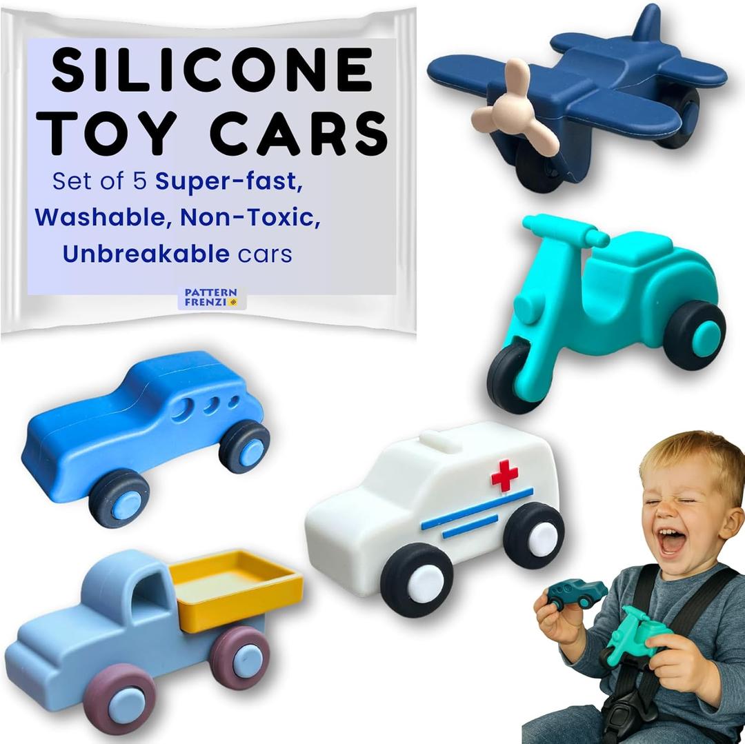 Silicone Toy Cars for Kids Ages 3+  Soft, Safe Non-Toxic Silicone Cars with Smooth Rolling Wheels, Quiet Play 5-Piece Vehicle Set, Food Grade Silicone