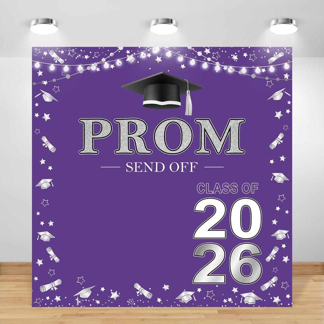 Prom 2026 Backdrop 6x6ft Purple Silver Graduation Prom Photography Background Silver Purple Class of 2026 Graduations Congrats Grad Party Send Off Banner Photo Studio Props (6x6ft)