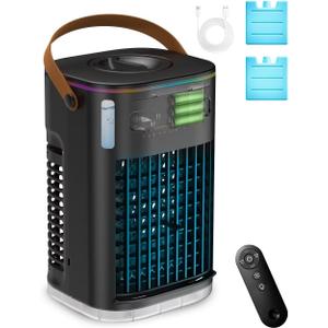 3-IN-1 Portable Air Conditioners, 5400mAh Built-In Battery Personal Evaporative Air Cooler Fan, Ice Packs & 1200ml Water Tank, 1-7h Timer & Remote, Mini Air Conditioner for Car Desktop Camping (X-Large, Midnight with Battery)