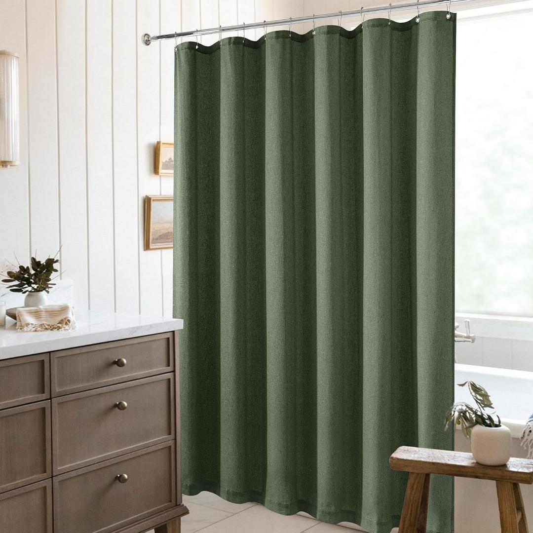 Olive Green Linen Shower Curtain 80 Inches Long Cloth Shower Curtain for Bathroom Boho Farmhouse Spring Decor Hotel Bathtub Water Repellent Extra Long 80 Inch Drapes Set with Hooks, 72x80