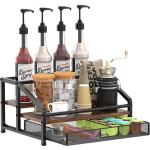 Alyoen Coffee Syrup Organizer Rack, 3-Tier Coffee Station Organizer for Countertop, Coffee Bar Organizer with 35K Cup Storage Basket, Coffee Syrup Holder Stand for Coffee Bar Accessory, Syrup - Wine