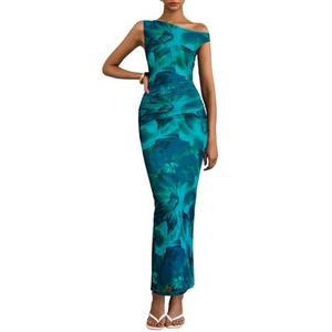 PRETTYGARDEN Women's Summer Maxi Bodycon Dresses Off The Shoulder Sleeveless Floral Print Long Party Club Slit Dress (Floral Lake Blue, Small)