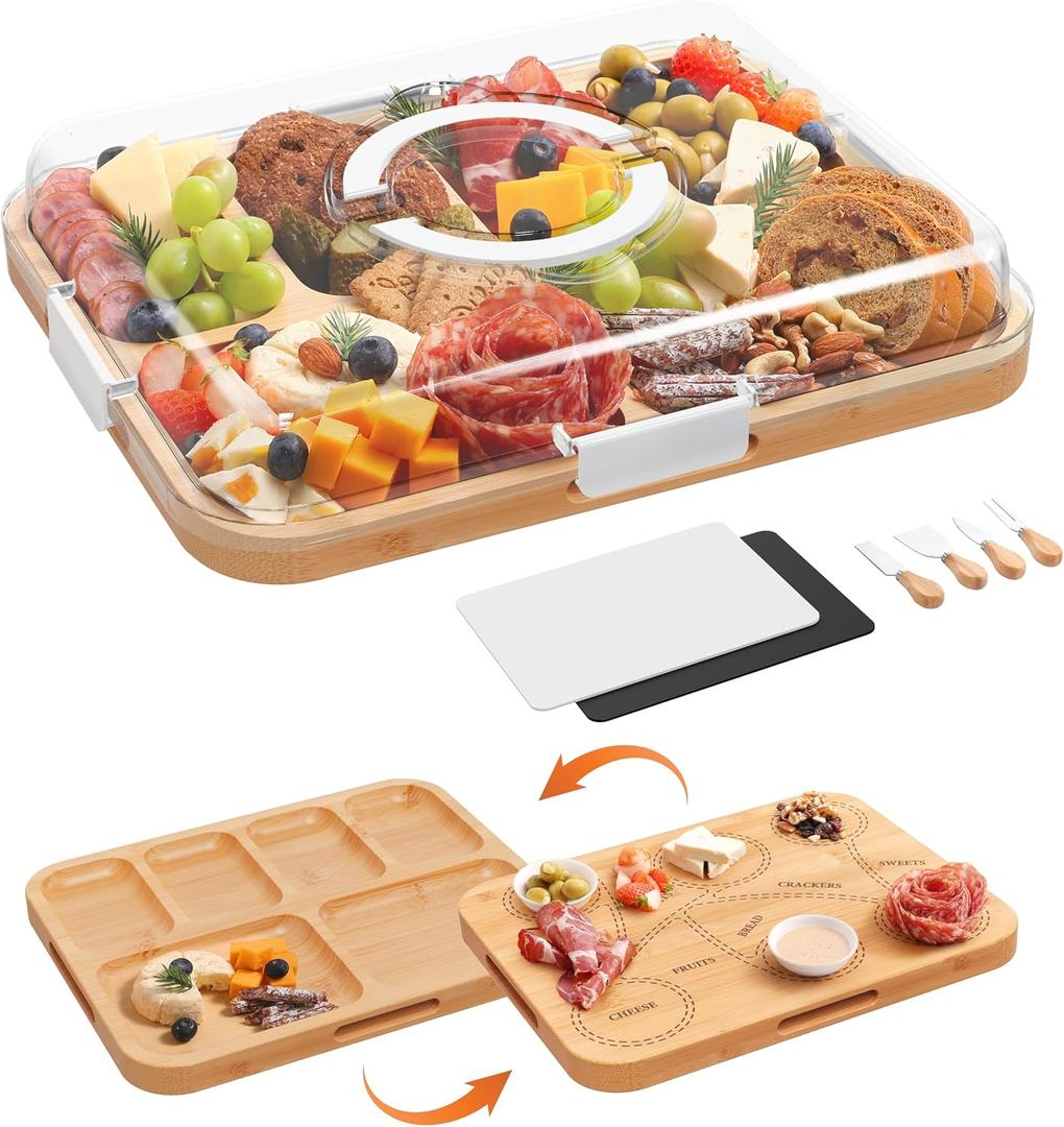 Charcuterie Board with Lid, 2-in-1 Bamboo Cheese & Cutting Board for Entertaining with Engraved Guide, Covered Snack Serving Tray, Includes 2 Plastic Cutting Mats & 4 Cheese Knives, Gifts for Women