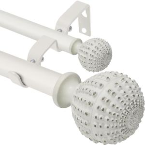 Double Curtain Rod 66 to 120 inches, 1 inch Diameter Heavy-Duty Adjustable Double Curtain Rod set with Decorative Finials and Sturdy Bracket-for Bedroom & Living room-Easy to Install,Weathered White