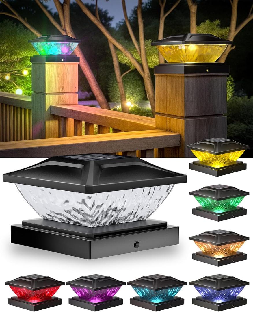 Ofuray Solar Post Cap Lights,8Pack Fence Deck Post Cap Solar Powered Lights RGB with Two Modes, Fit for 4x4 5x5 Post with 3 Bases,Ip64 Waterproof Outdoor for Fence Deck Mailbox Stairway Black