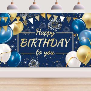 Happy Birthday Decorations Backdrop Banner, Photo Background for Boys Girls Men Women 72.8 x 43.3 Inch (Navy Blue and Gold)
