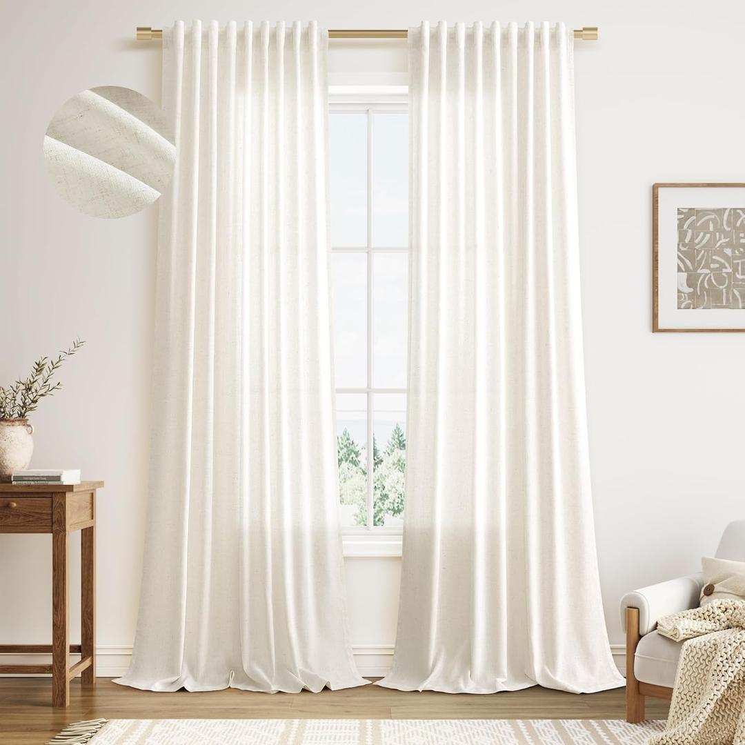 Nanspring Extra Long Linen Curtains 108 Inch Length 9ft for High Ceiling Living Room 2 Panels Set Privacy Translucent with Light Filter Sheer Drapes for Dining Room Cream 52x108