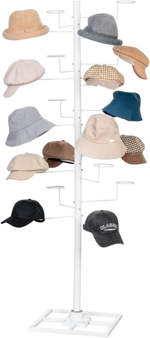 MyGift 6 Foot Modern Freestanding White Metal Hat Organizer Rack, 360 Degree Rotating Wig or Cowboy Hat Display Stand with 20 Customizable Circular Hooks