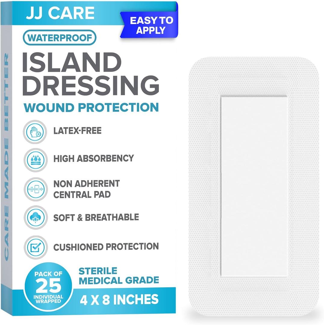 JJ CARE Waterproof Adhesive Island Dressing [Pack of 25], 4 x 8 Sterile Bordered Gauze, Breathable Island Wound Dressing, Individually Wrapped Adhesive Gauze Bandages with Non-Stick Central Pad