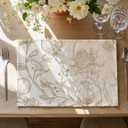 JINCHAN Linen Floral Placemats Set of Cloth Table Mats Rustic Cottagecore Botanical Outdoor Seasonal for Kitchen Dining Decor Heat Resistant Non-Slip Washable Tablemats 13x19 Inch Tan