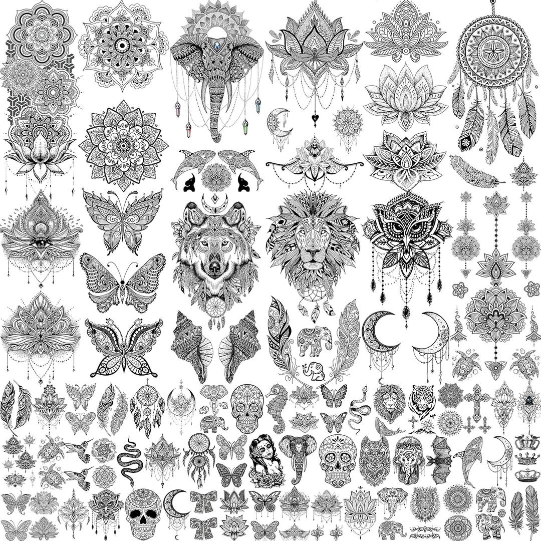 64 Sheets Tribal Vintage Black Lotus Temporary Tattoos for Women Girls, Bohemia Mandala Flower Fake Sleeve Tattoos for Adults Owl Moon