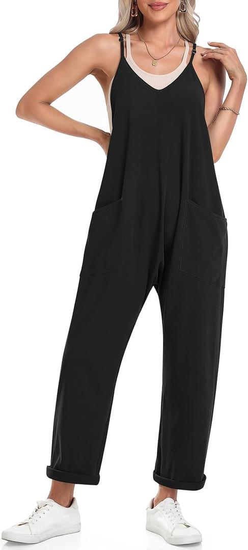 TARSE Women's Sleeveless Jumpsuits V Neck Harem Overalls Causal Adjustable Straps Stretchy Comfy Romper with Pockets 2025 (Black) L