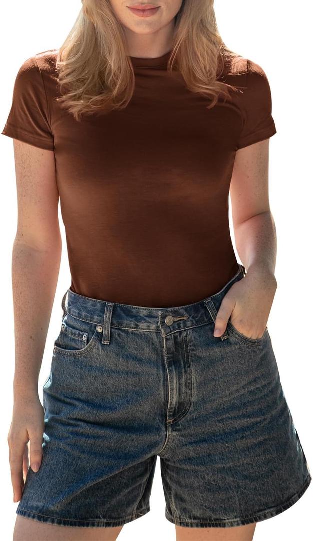 BAMBOO COOL Women's Skin-Tight Soft T-Shirts Short Sleeve Slim Fit Tops for Women Cute Basic Tees (Brown, XL)