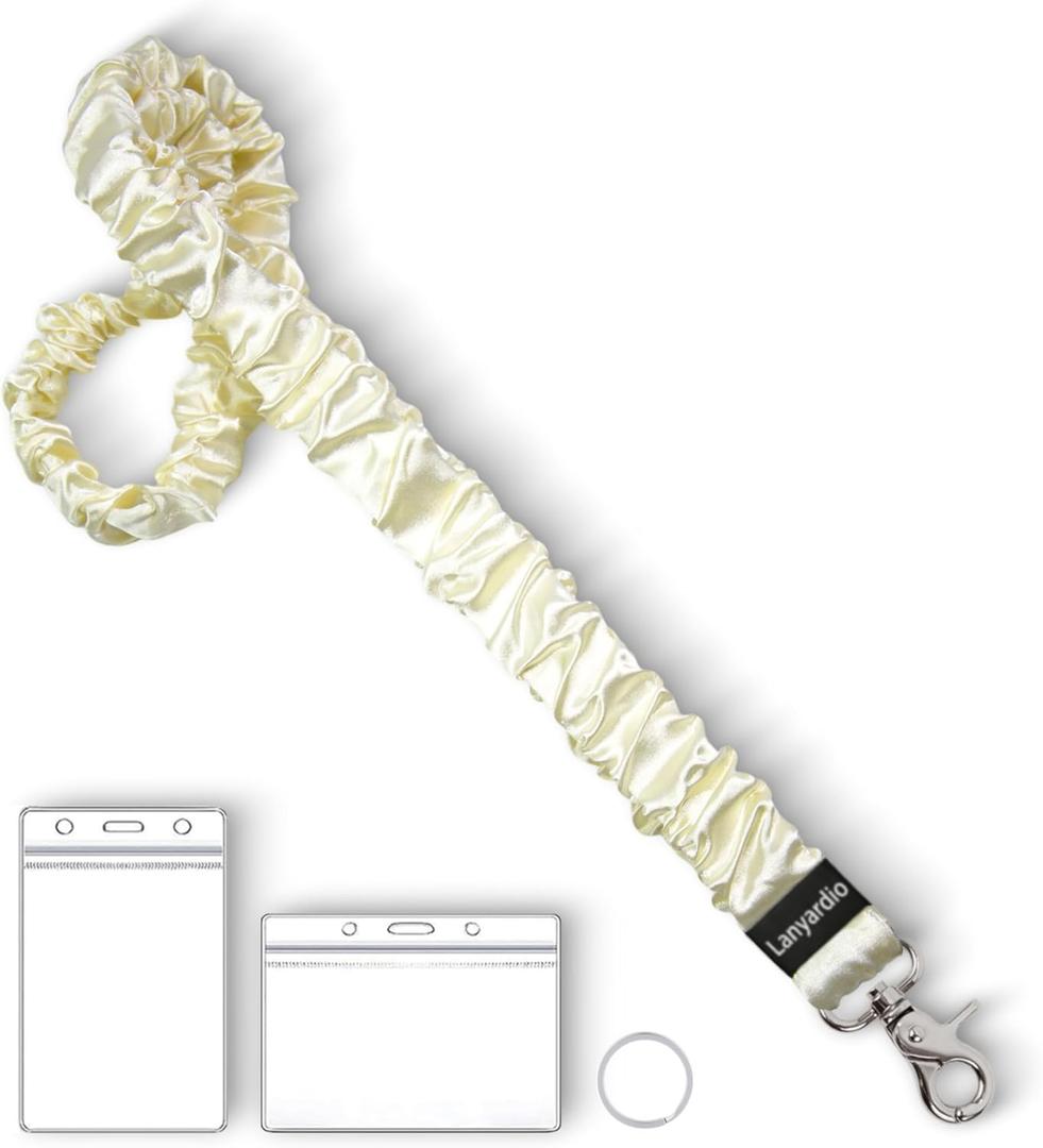 Lanyardio Stretchy Scrunchie Lanyard for ID Badges Keys, Cute Teacher Lanyard for Women with 2 Card Holders 19.6 Inch (Beige)